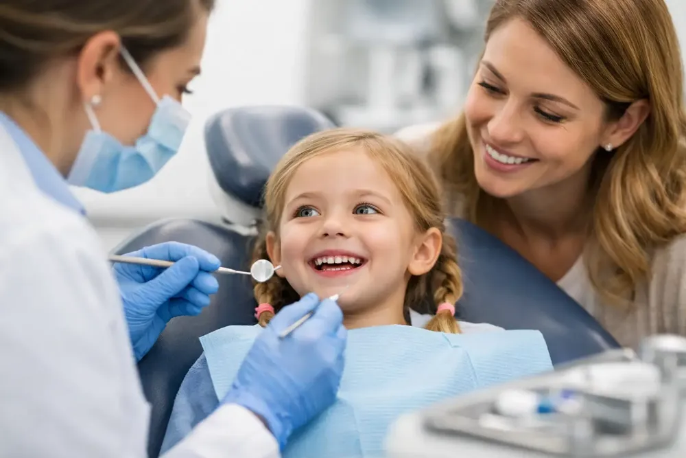 A smiling young girl in a dental chair while a dentist holds a dental mirror and probe, with a smiling woman beside her