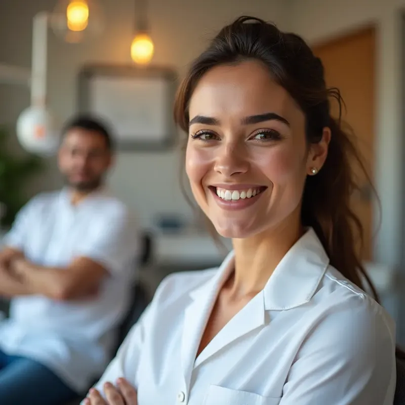 A smiling woman in a white coat with a man in a white shirt sitting in the background