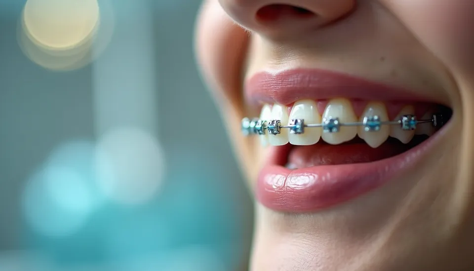 Close-up of a smile with metal brackets and a wire on the teeth