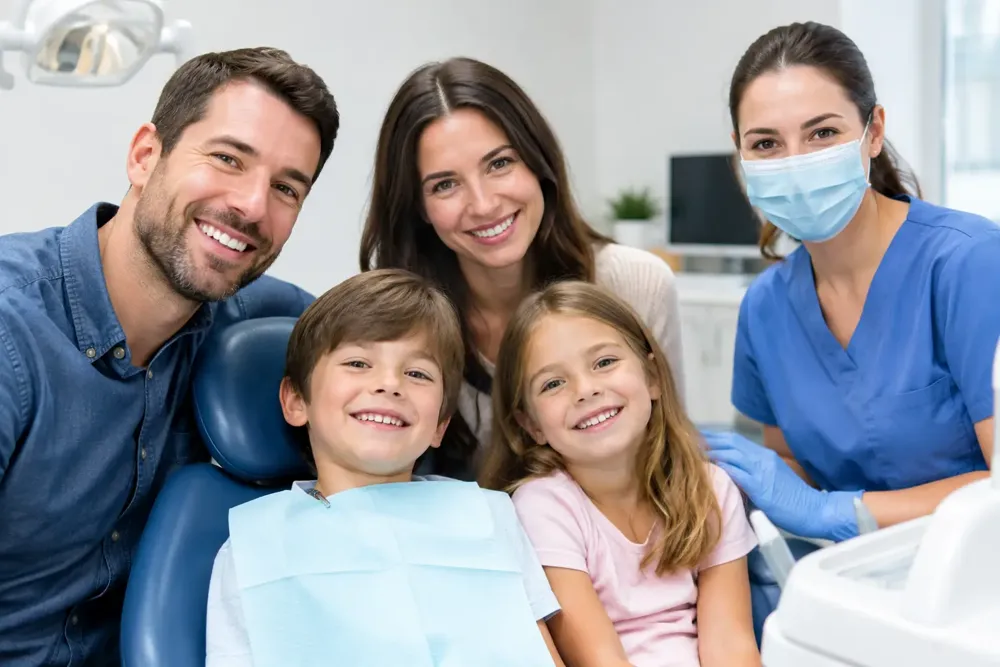 A smiling family of four in a dental treatment room with a dental professional in blue scrubs and a face mask