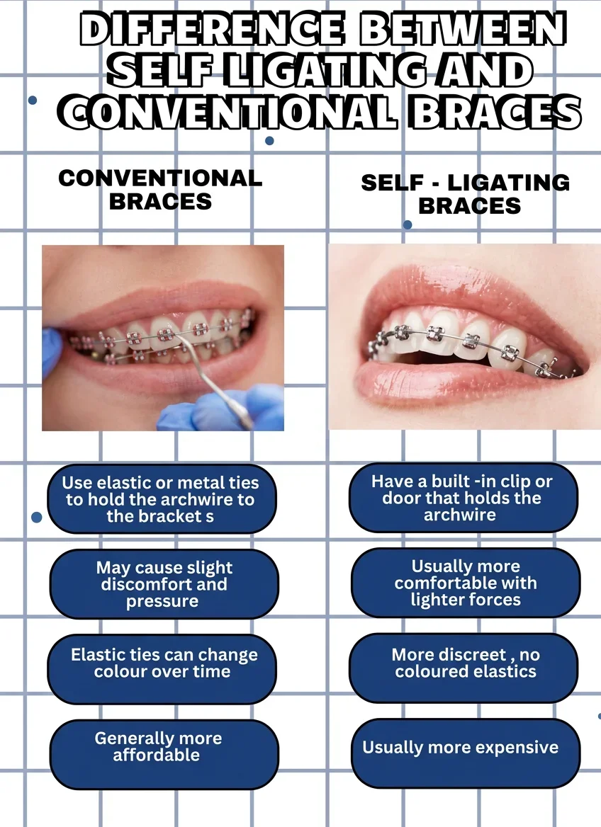 Infographic comparing conventional braces and self-ligating braces, showing photos of each and notes on the bracket mechanism, elastics, appearance and cost
